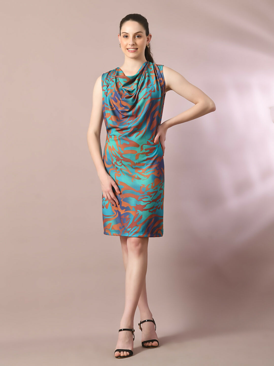 Myshka Women's Multi Printed Cowl Neck Bodycon Party Dress - Distacart