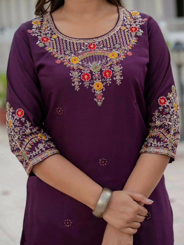 Preksha Creation Wedding Special Premium Roman Silk Coding Embroidery With Sequins Work Kurti Dupatta With Pant