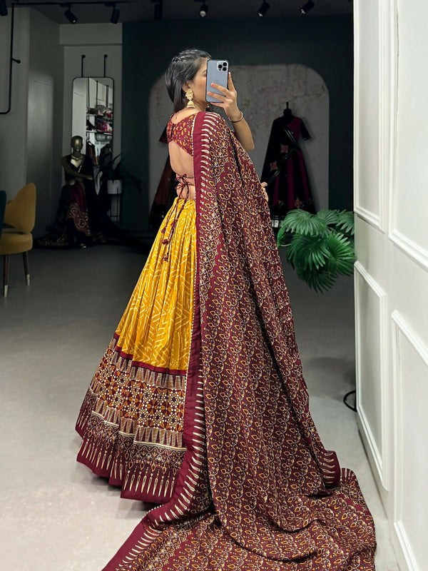 Vastranavya Bandhej And Ajarakh Print Tussar Silk Lehenga Choli - Mustard - Distacart