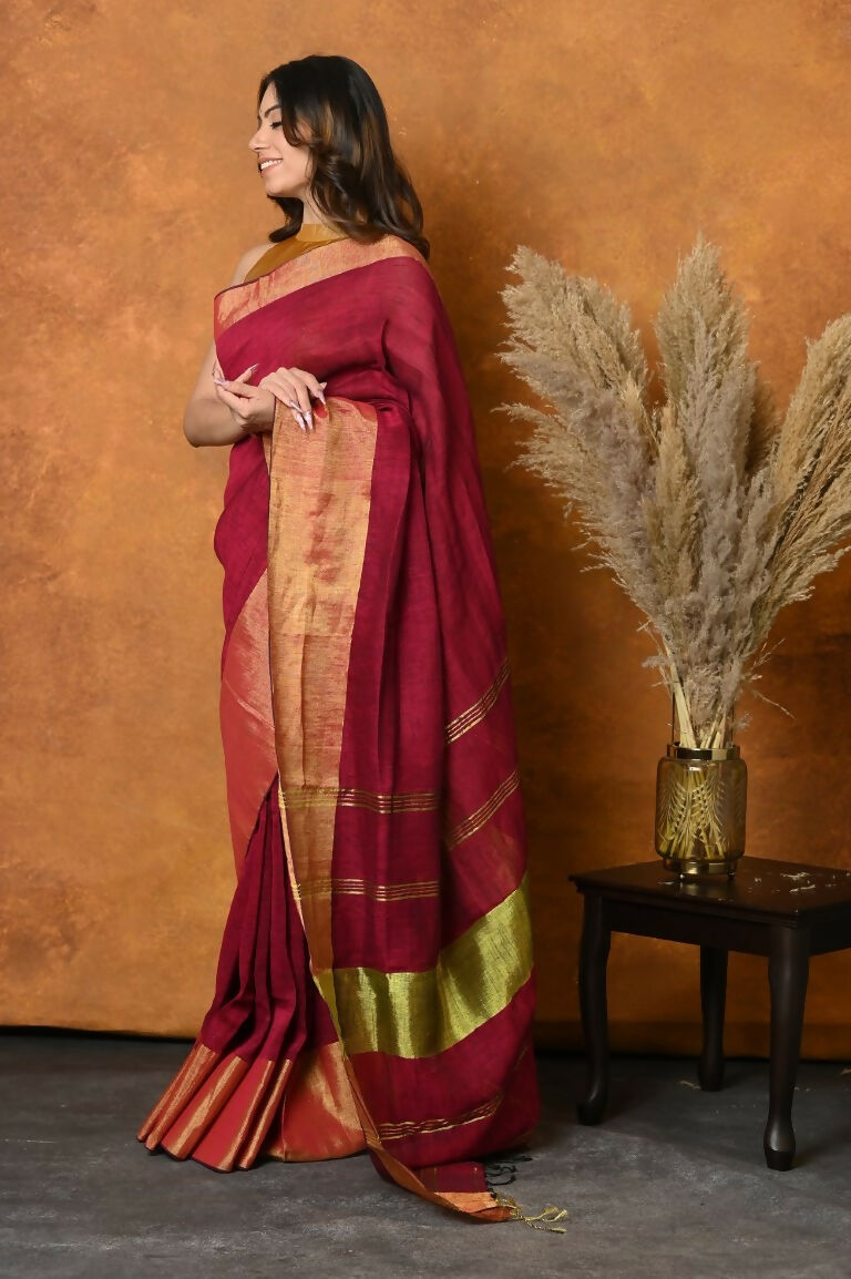 Very Much Indian Handloom Pure Cotton Linen Saree With Golden Border - Maroon - Distacart