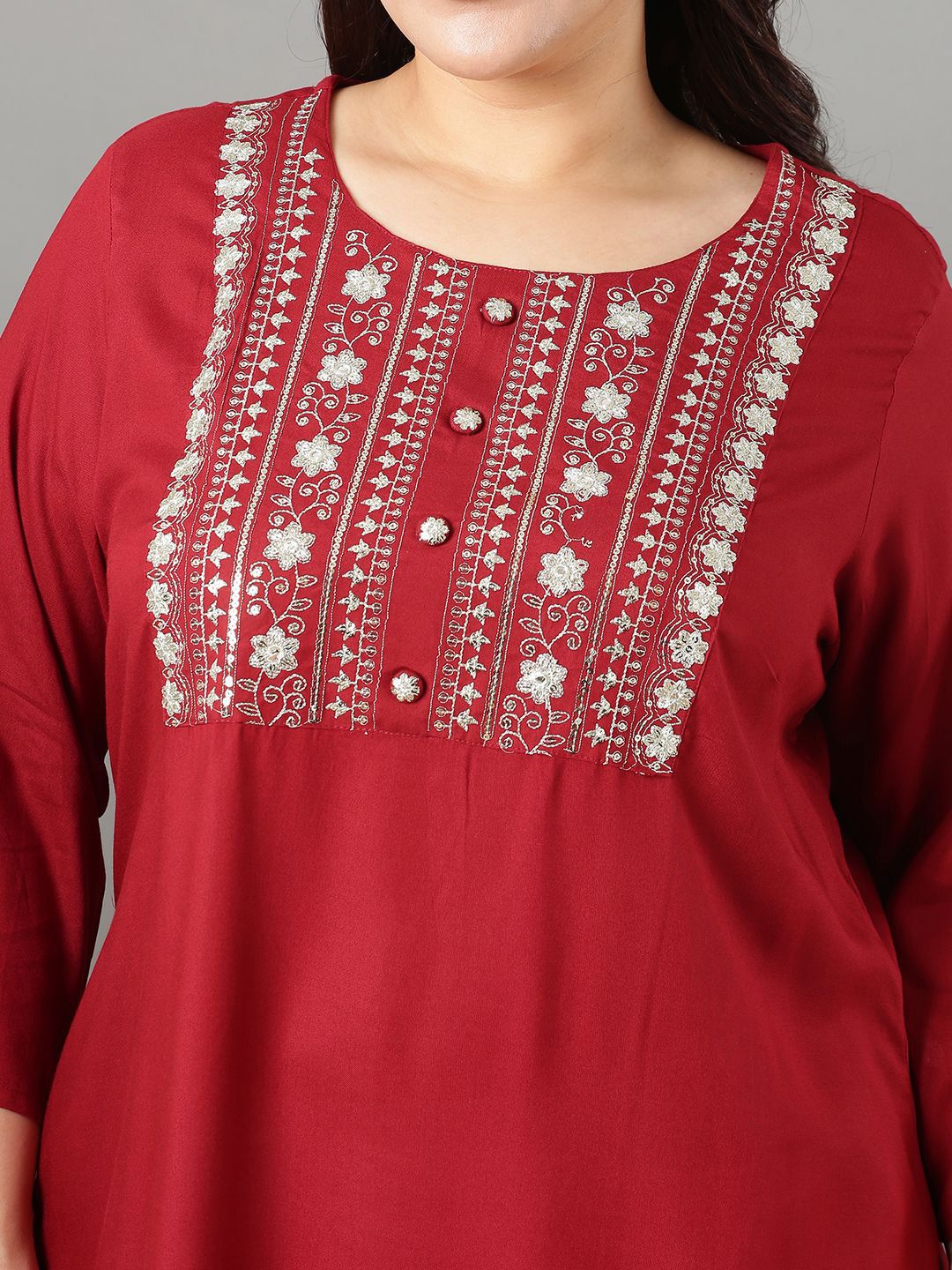 Sztori Plus Size Floral Yoke Design Mirror Work Straight Kurta - Distacart