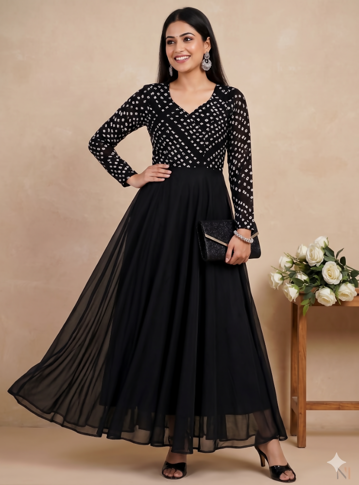 Teeya Creation Women's Black Bandhani Print Anarkali Gown - Dista