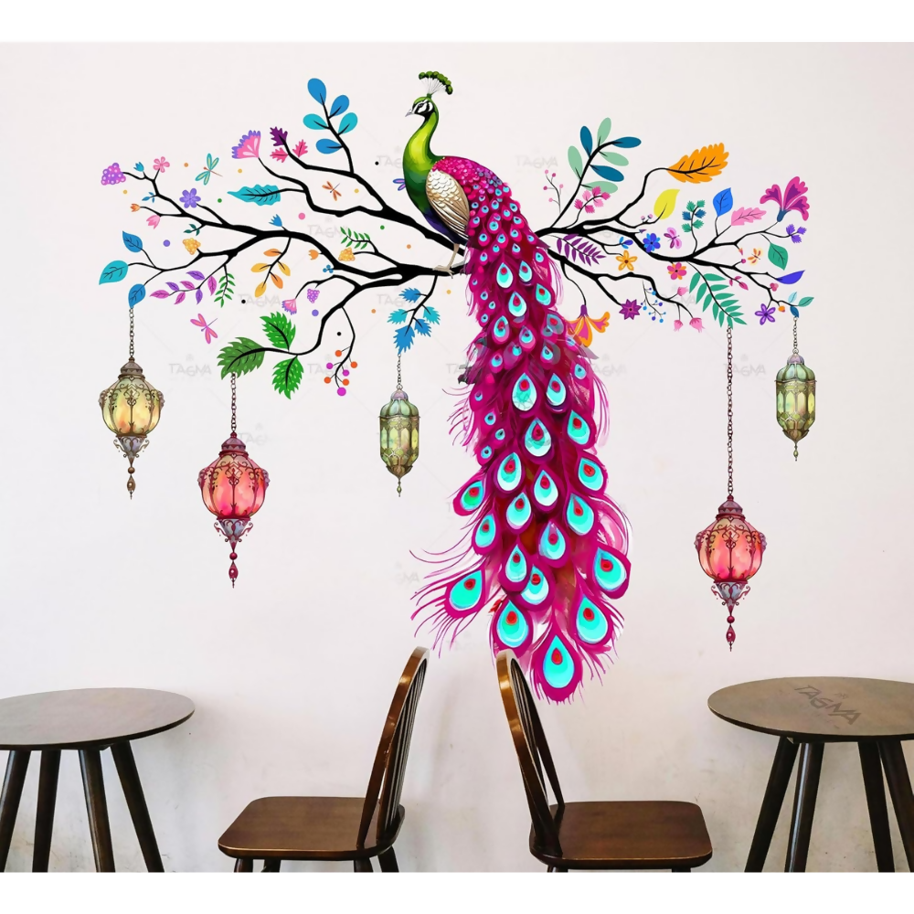 TAGMA GROUP Peacock Wall Sticker Vinyl Colourful Wall Art Decal with Hanging Lanterns - Dista