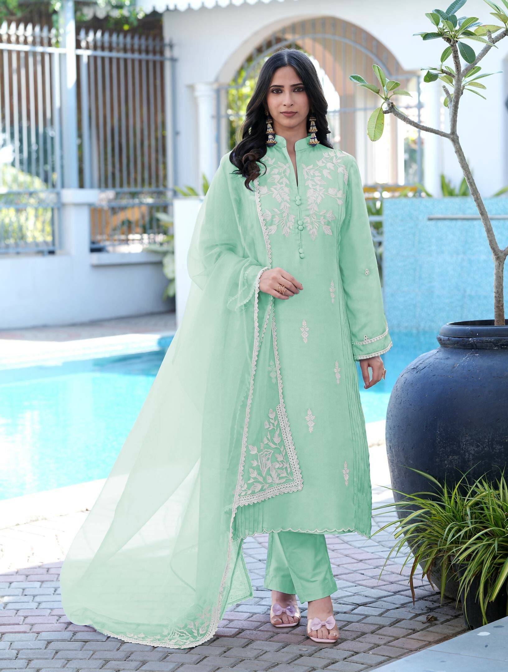 Nikhaar Light Green Embroidered Modal Silk Stitched Straight Cut Kurta Pants Dupatta Readymade Suit - Dista