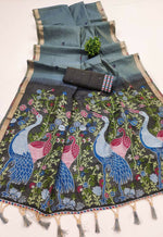 Thumbnail for Vastranavya Grey Muga Cotton Meenakari & Azarakh Pallu Saree with Contrast Blouse - Distacart