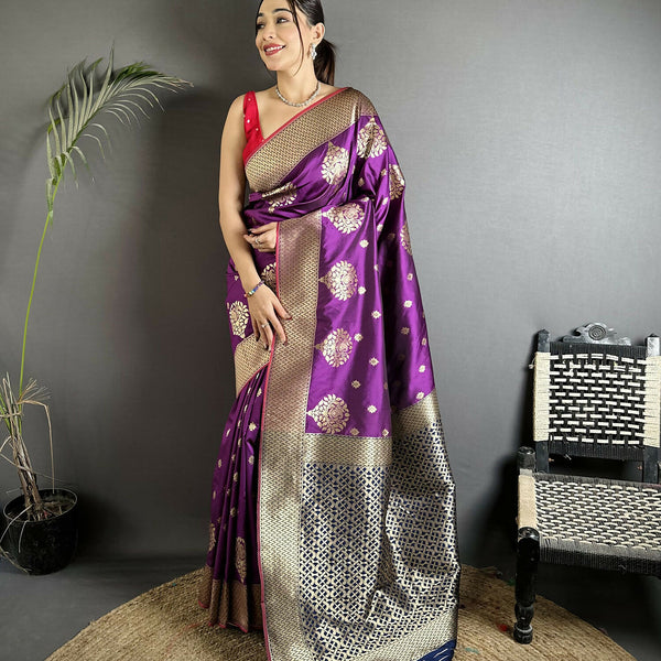 Joban Fashion Purple Woven Butti Soft Silk Banarasi Silk Saree - Distacart