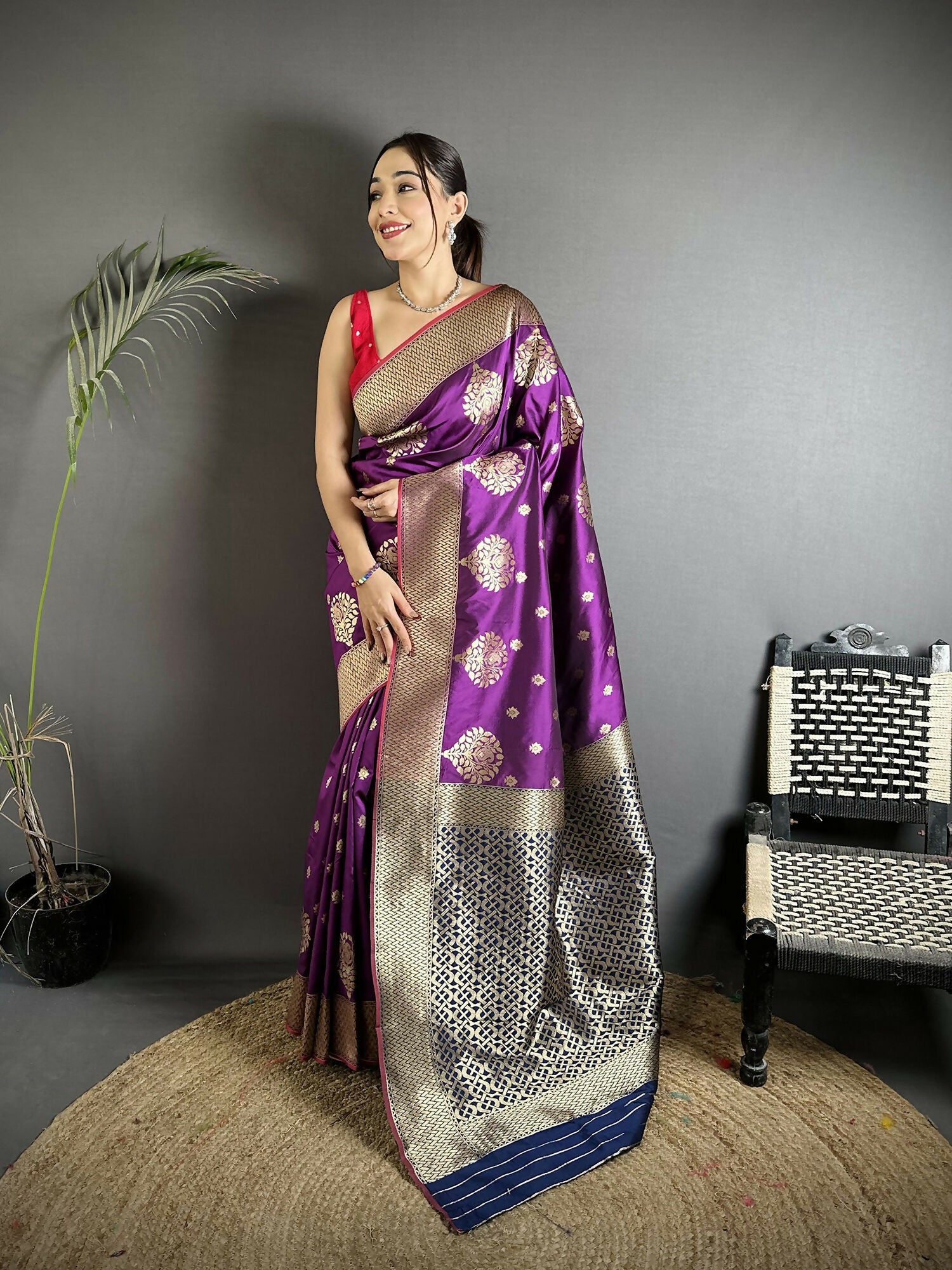Joban Fashion Purple Woven Butti Soft Silk Banarasi Silk Saree