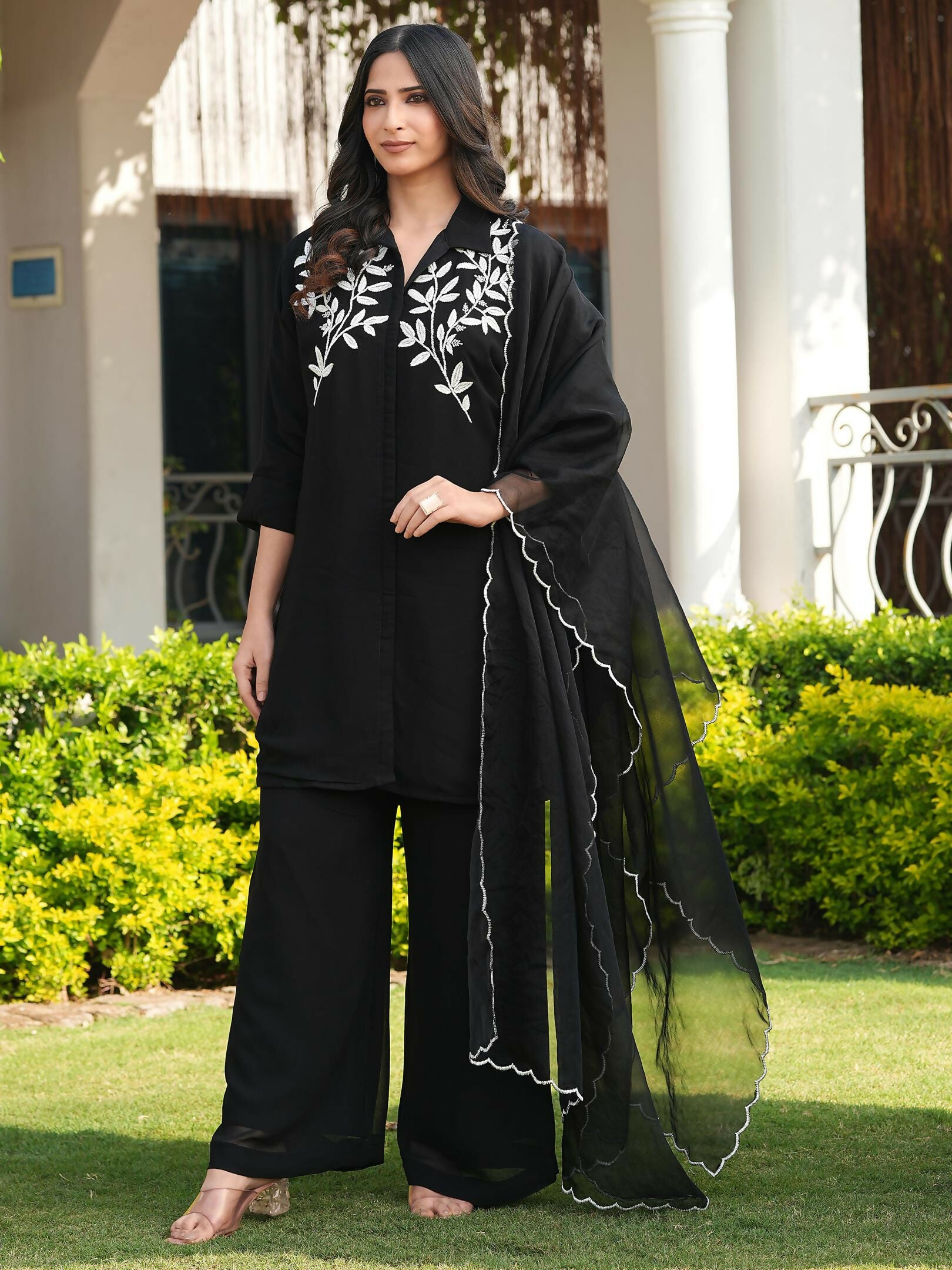 Nikhaar Black Embroidered Viscose Georgette Stitched Straight Cut Kurta Culottes Dupatta Readymade Suit - Dista