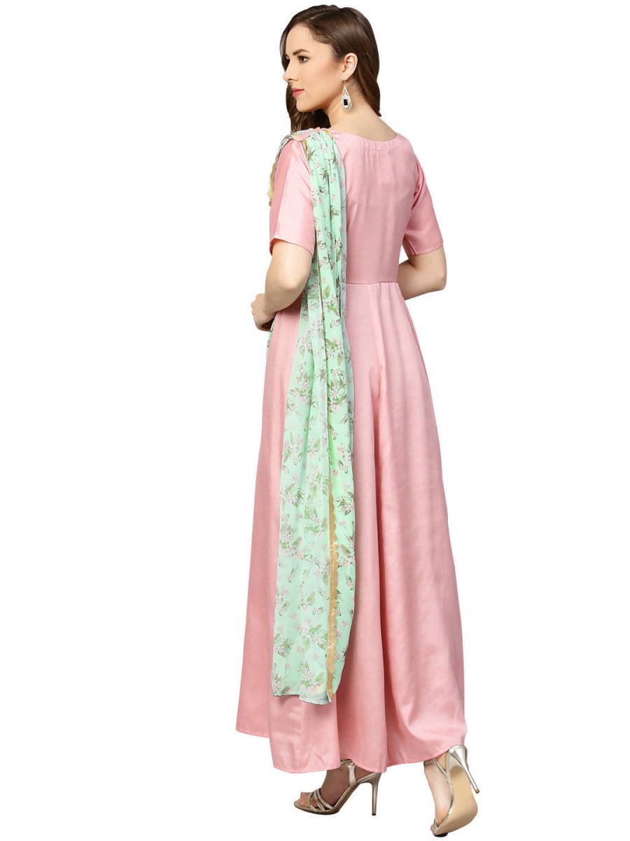 Ahalyaa Pink & Green Solid Maxi Dress with Attached Dupatta - Distacart