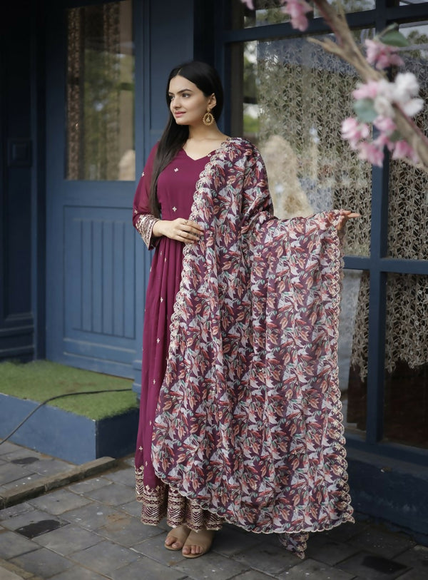 Jyoti Fashion Women's Wine Faux Blooming Sequins with Zari Embroidery Anarkali Dress with Dupatta - Distacart