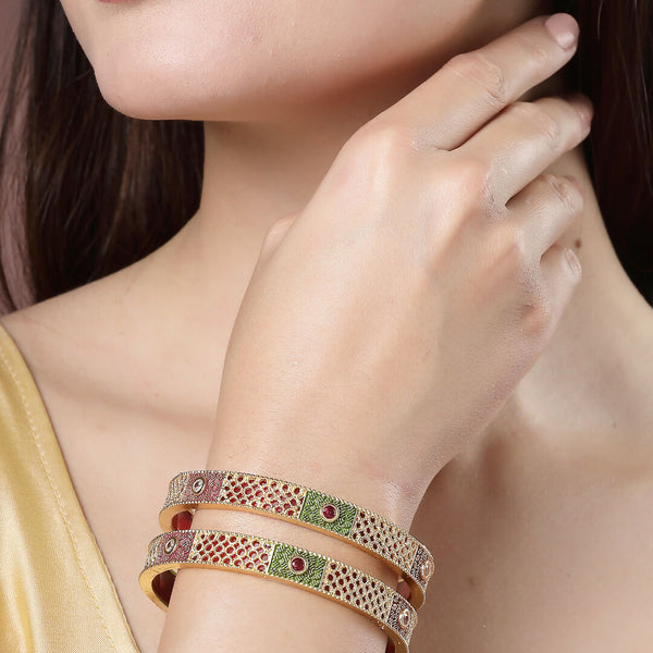 NVR Women's Set Of 2 Gold-Plated Red Kundan Traditional Bangles - Distacart