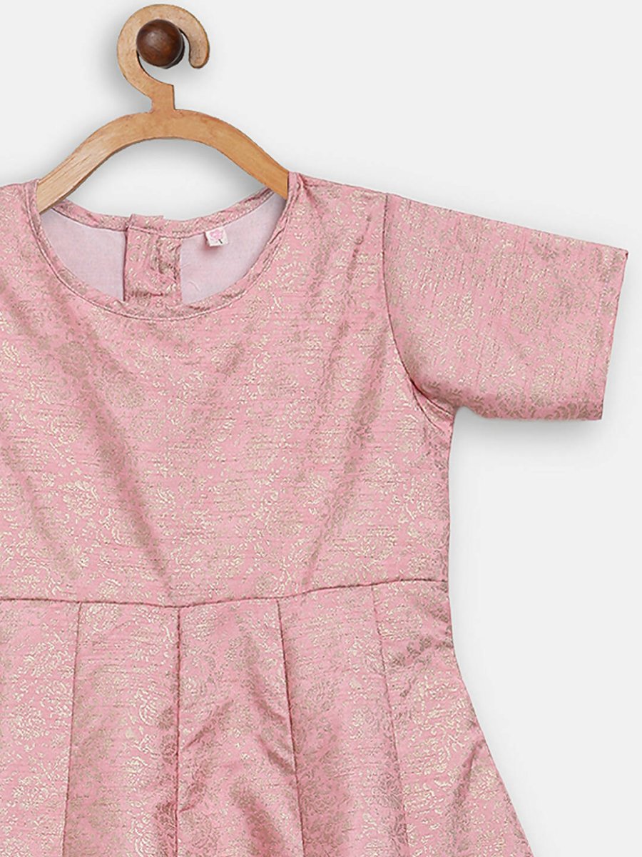 Ahalyaa Pink Poly Silk Gold Print Girl's Kids Dress For Girls - Distacart