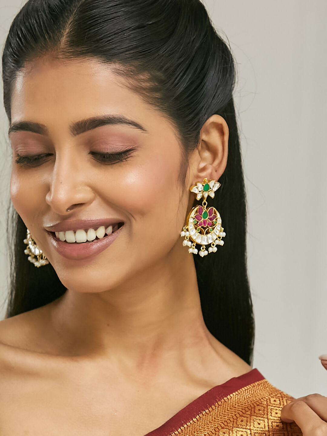 Nuyug 22K Gold-Plated Exquisite Kundan Stone Studded & Pearl Beaded Floral Traditional Chandbalis