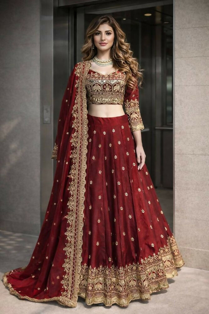 Teeya Creation Maroon Color Fendy Satin Heavy Embroidery Work Wedding Wear Stitched Lehenga Choli - Distacart