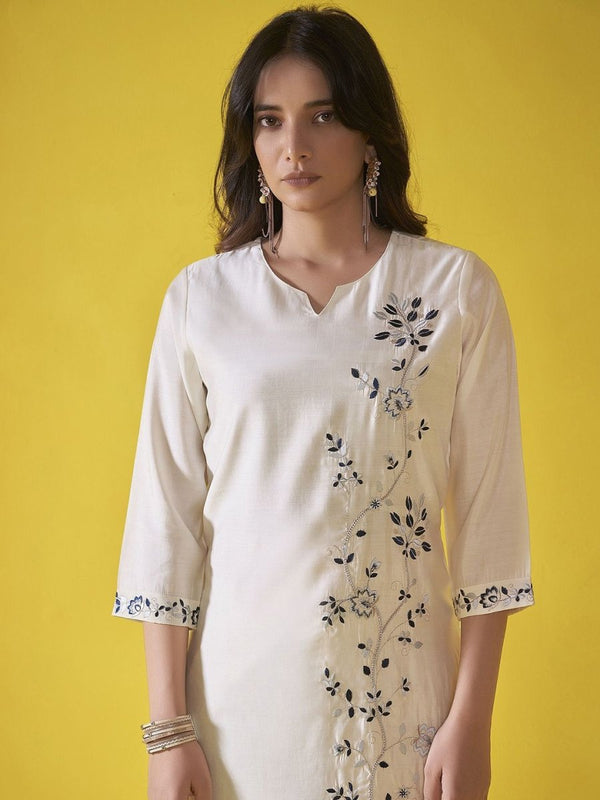 Anouk Off White Floral Embroidered Chanderi Silk Straight Kurta With Trousers & Dupatta
