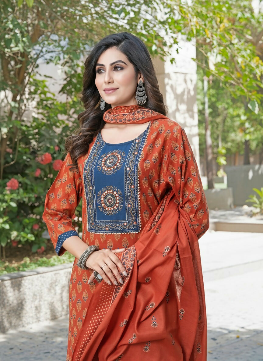 BulBul Aaliya Elegance Rust Cotton Kurta Set with Dupatta