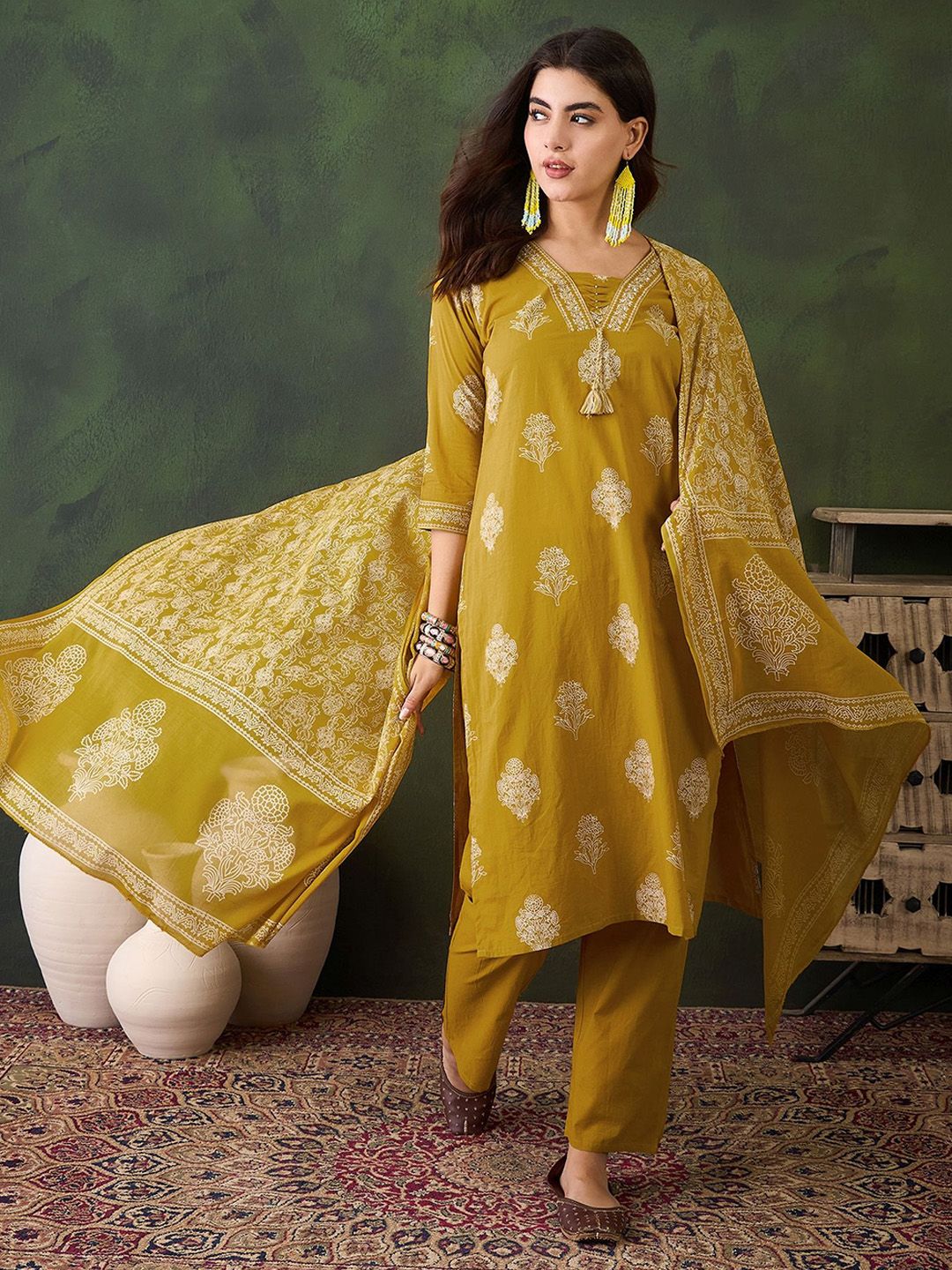 Sangria Printed Pure Cotton Straight Kurta , Trouser & Dupatta Set