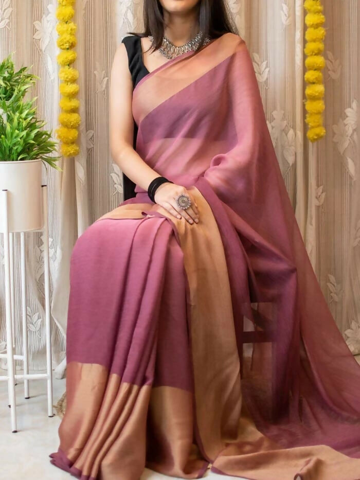 Malishka Chiffon Woven Boarder Ready To Wear Saree With Blouse Piece - Purple - Distacart