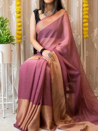 Thumbnail for Malishka Chiffon Woven Boarder Ready To Wear Saree With Blouse Piece - Purple - Distacart
