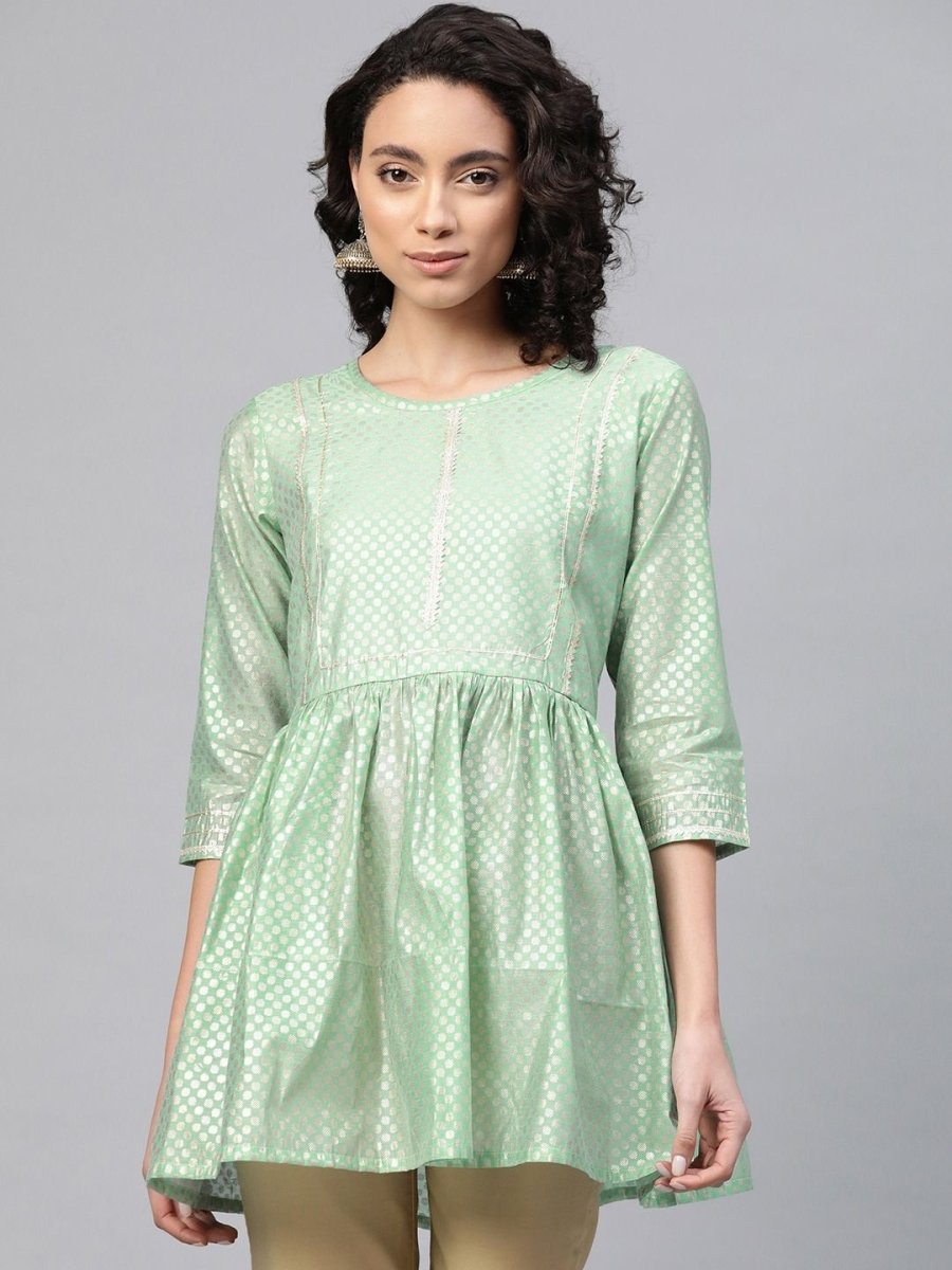 Ahalyaa Women Sea Green Chanderi Silk Golden Printed Tunic
