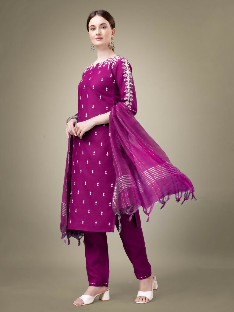 Jyoti Fashion Women's Purple Cotton Blend Embroidery & Sequence work Kurta with Trouser & Dupatta - Distacart