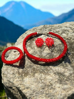 Thumbnail for Inhanns Complete Look Crystal Statement 3-Piece Set (Adjustable Necklace + Earrings + Adjustable Bangle ) - Red - Distacart