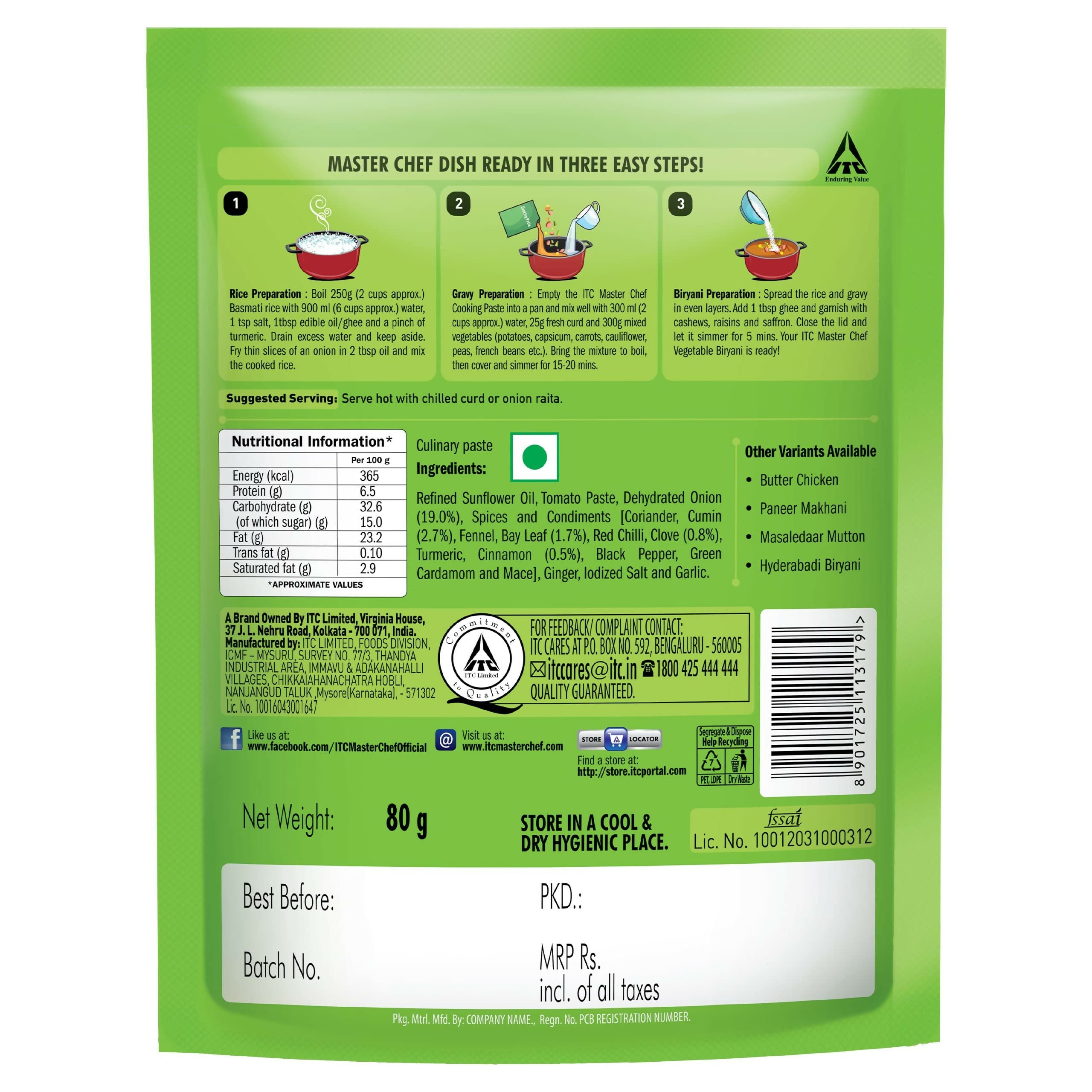 ITC Master Chef Vegetable Biryani Cooking Paste - Distacart