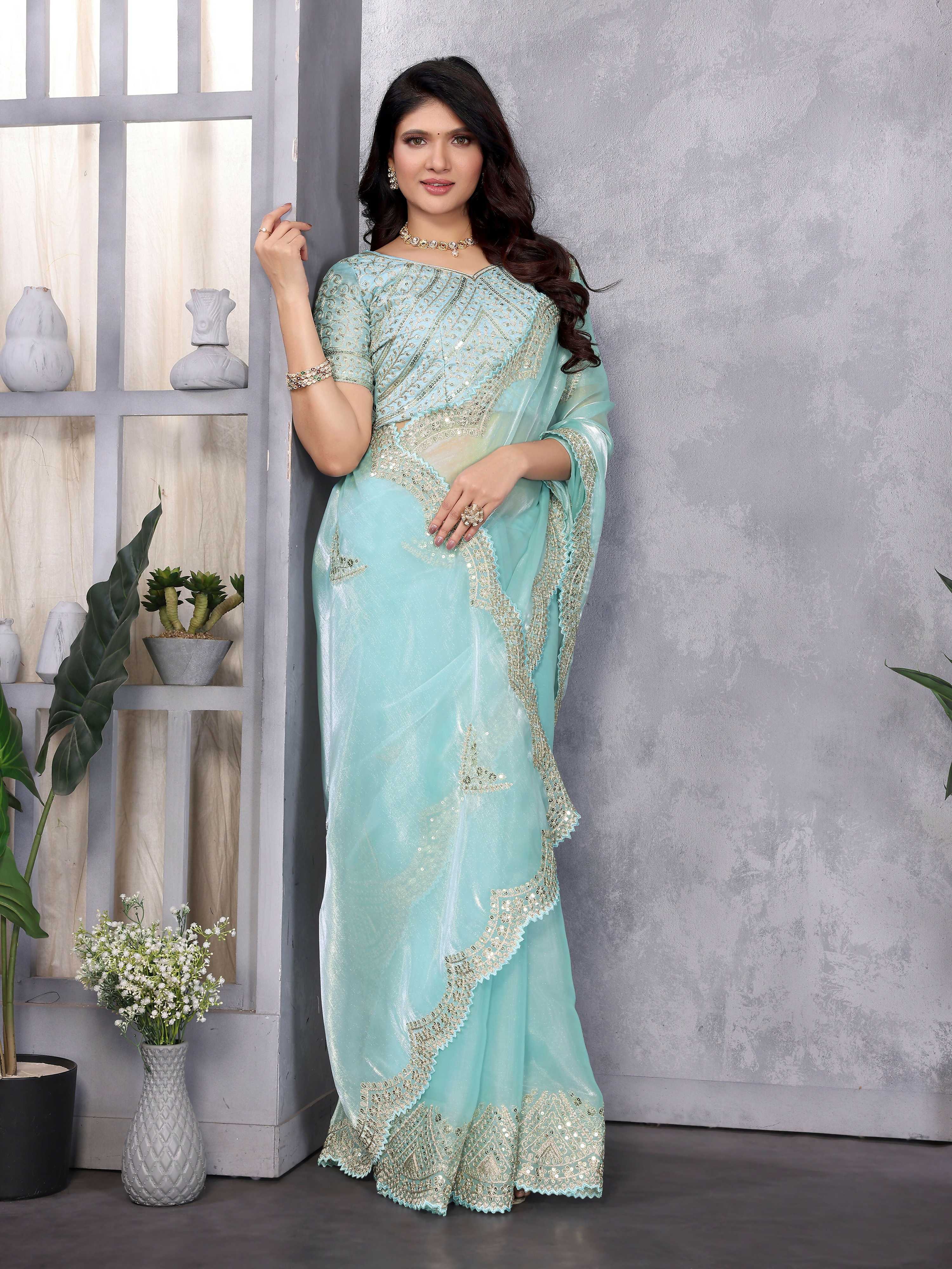 Vastranavya Sky Blue Embroidery Work Shimmer Chiffon Saree with Unstitched Blouse