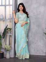 Thumbnail for Vastranavya Sky Blue Embroidery Work Shimmer Chiffon Saree with Unstitched Blouse