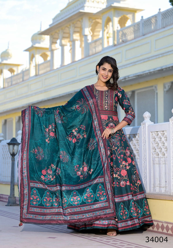 Partywear Designer Green Dola Silk Anarkali suit with Dupatta - Suzen - Distacart