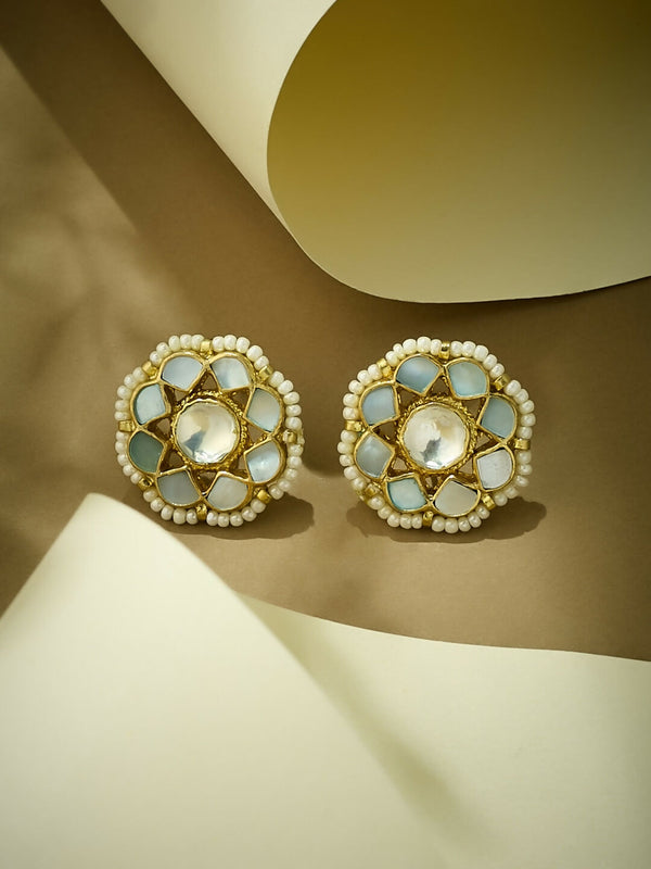 Nuyug 22K Gold-Plated Elegant Kundan Studded & Pearls Beaded Floral Studs