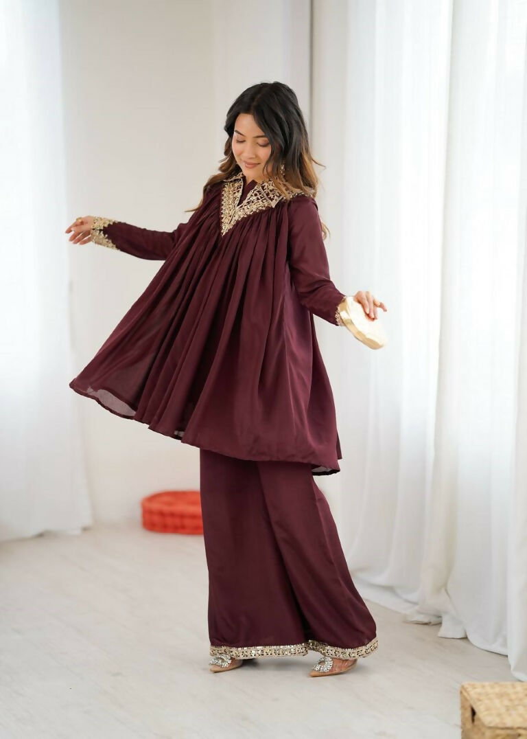 Teeya Creation Maroon Heavy Chinnon Silk Embroidery Work Plazo pair