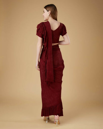 Maroon Imported Crush Solid Ready to Wear Saree with stitched Blouse - Aayan - Distacart