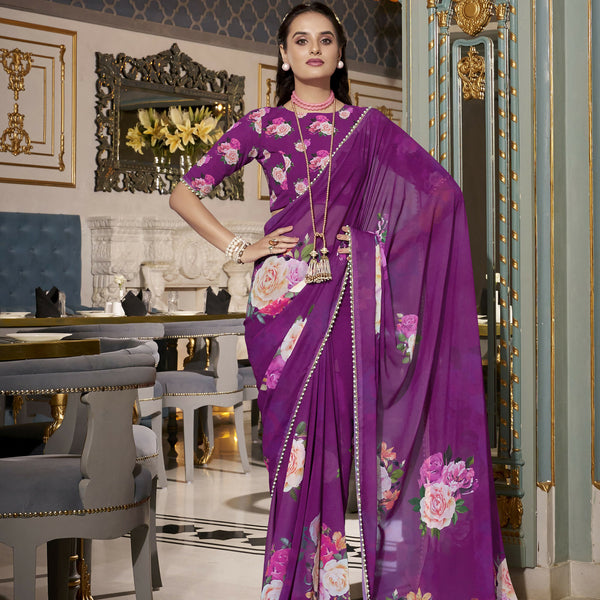 Vastranavya Purple Spectacular Georgette Printed with Pearl Lace Saree with Unstitched Blouse - Distacart