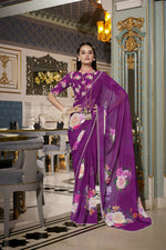 Thumbnail for Vastranavya Purple Spectacular Georgette Printed with Pearl Lace Saree with Unstitched Blouse - Distacart