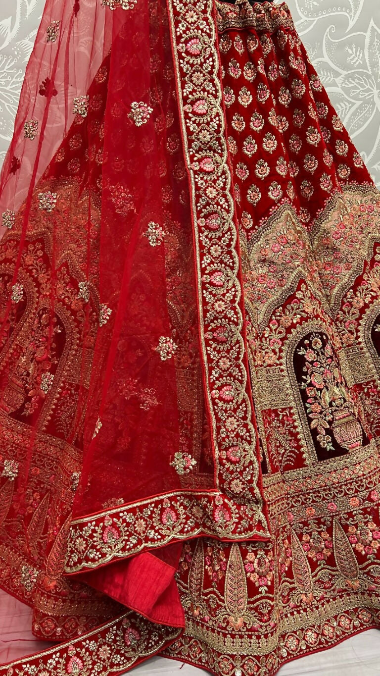 Jyoti Fashion Women's Red Velvet Multi Thread Embroidered with Zircon Diamond Wedding Lehenga Choli - Distacart