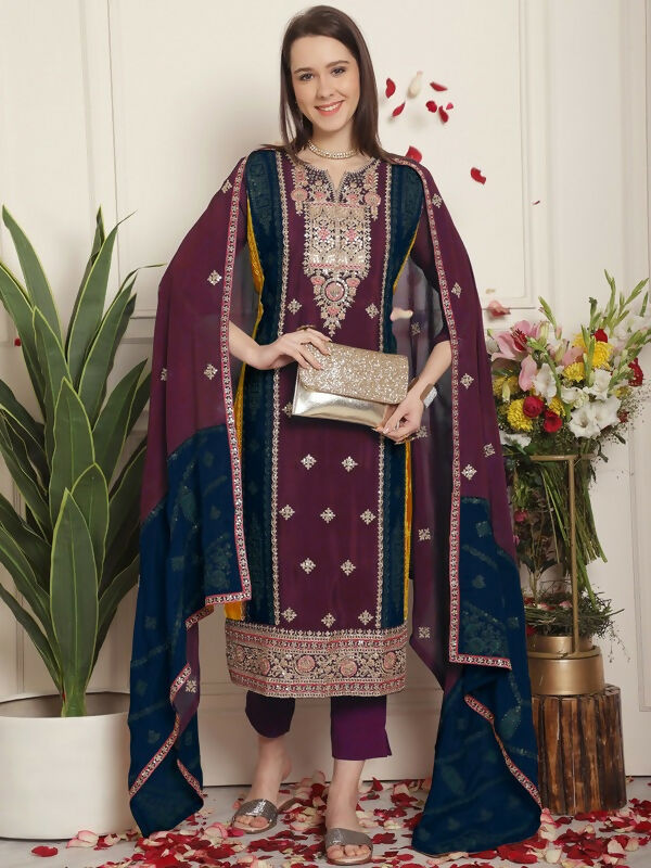 Jyoti Fashion Women's Magenta Chinon Chiffon Embroidered Designer Straight Suit Set - Distacart