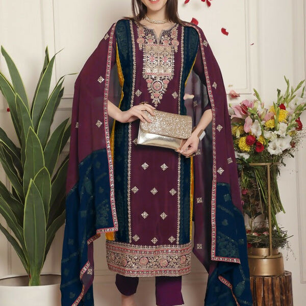 Jyoti Fashion Women's Magenta Chinon Chiffon Embroidered Designer Straight Suit Set - Distacart