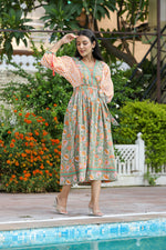 Thumbnail for Kaajh Women's Orange Hand Block Printed Dress - Distacart