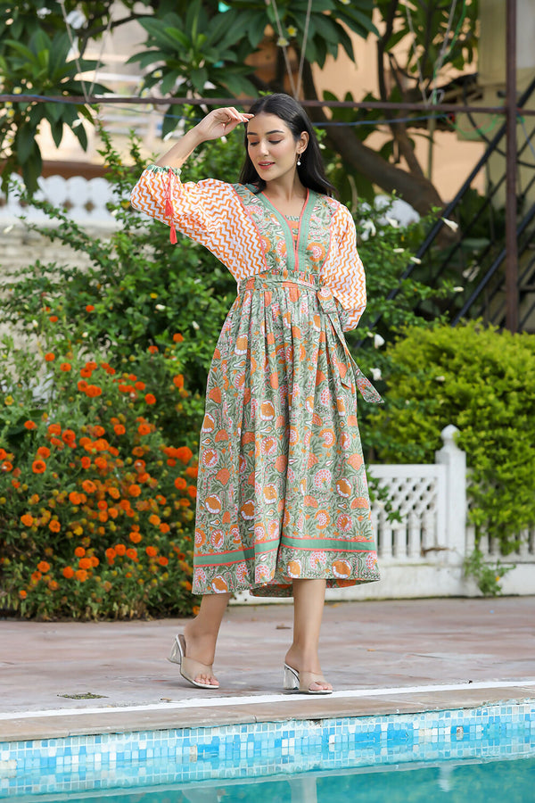 Kaajh Women's Orange Hand Block Printed Dress - Distacart