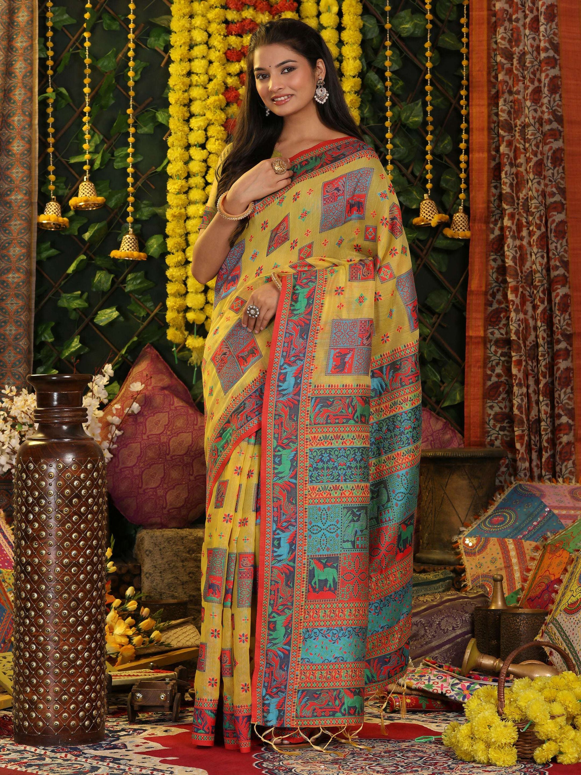 Shree Shyam Fashion Linen Cotton Yellow Saree - Distacart