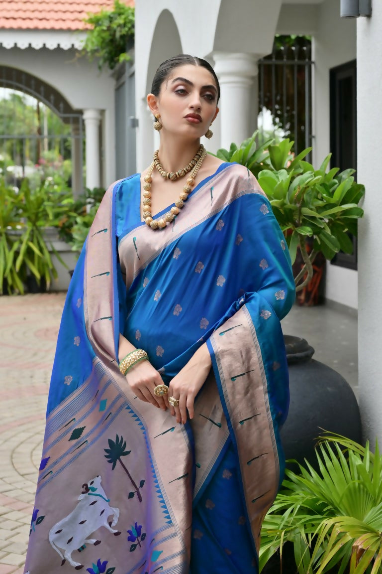 Vishnu Weaves Women's Rama Paithani Silk Zari Woven Saree with Blouse