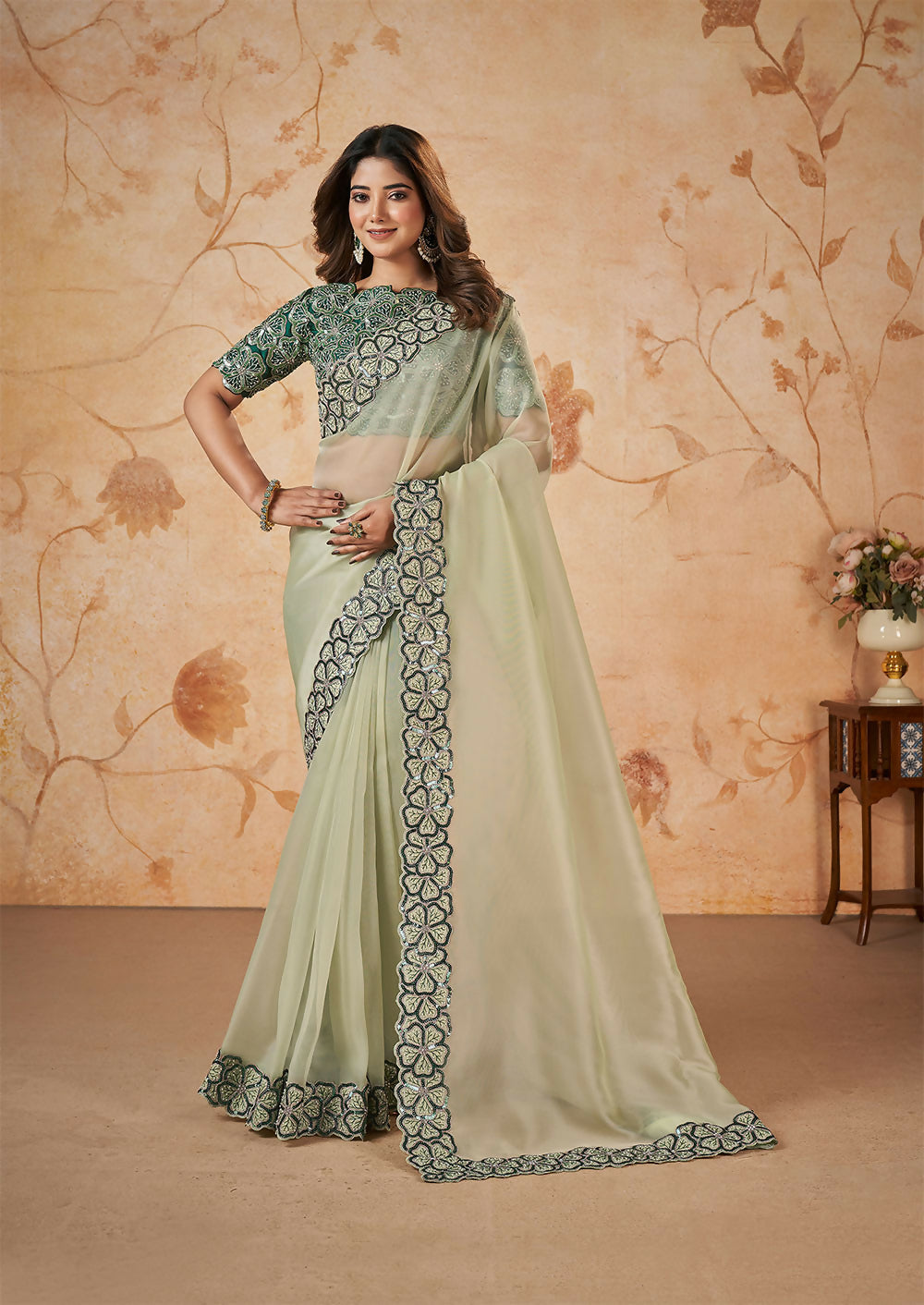 Light Green Net Organza Georgette Thread, Sequence, Cord Embroidered with Moti Work Saree - Mohmanthan Dakshika - Distacart