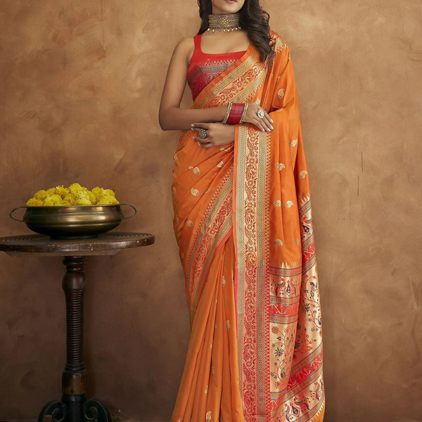 Vastranavya Orange Soft Paithani Silk Saree With Gold Zari Weaving Motifs With Matching Blouse Fabric - Distacart