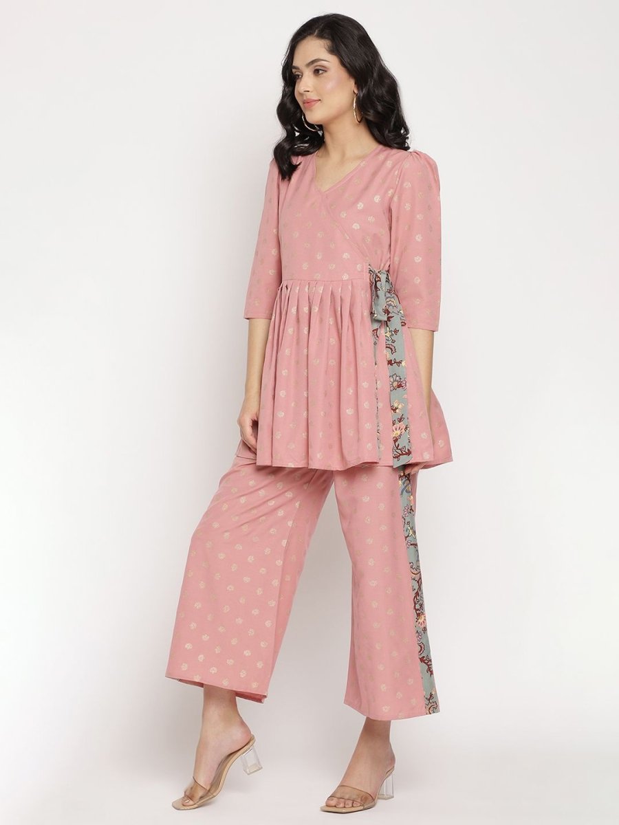 Ahalyaa Pink Ethnic Motifs Printed Angrakha Kurti With Palazzos For Women