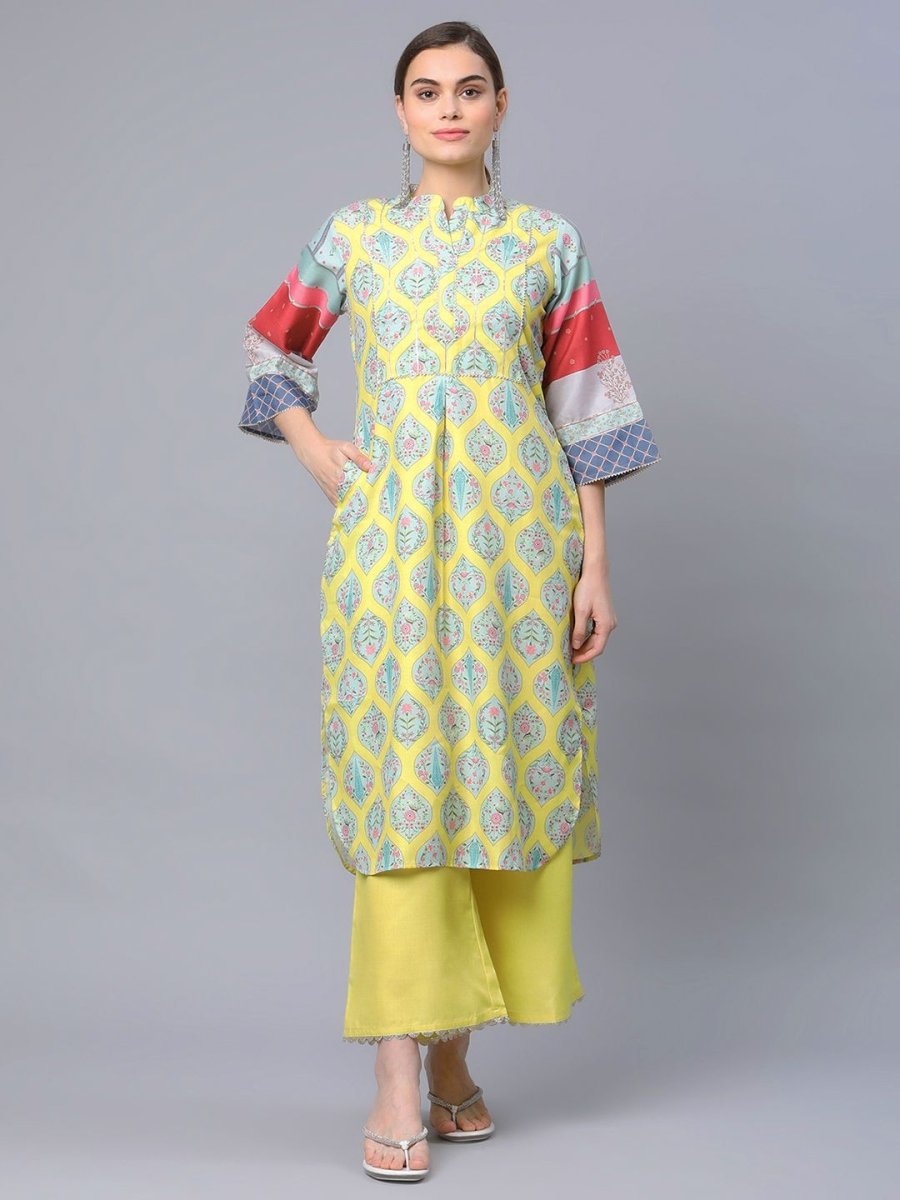 Ahalyaa Women's Yellow Pure Blend Digital Printed Kurta Palazzo Set