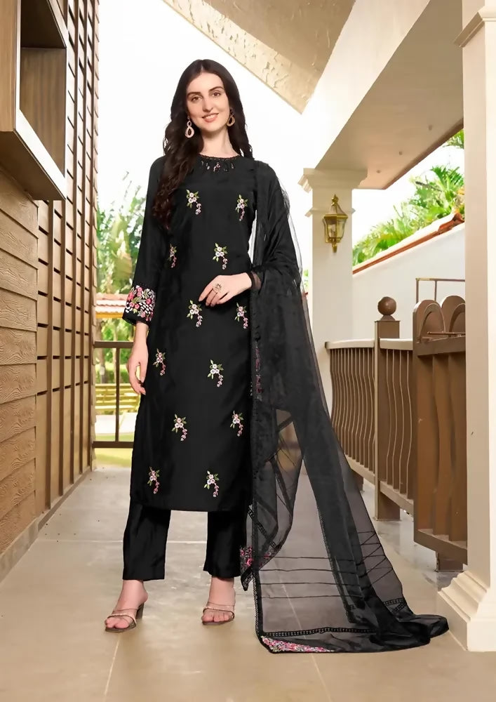 Nikhaar Black Embroidered Art Silk Straight Cut Readymade Pakistani Suit