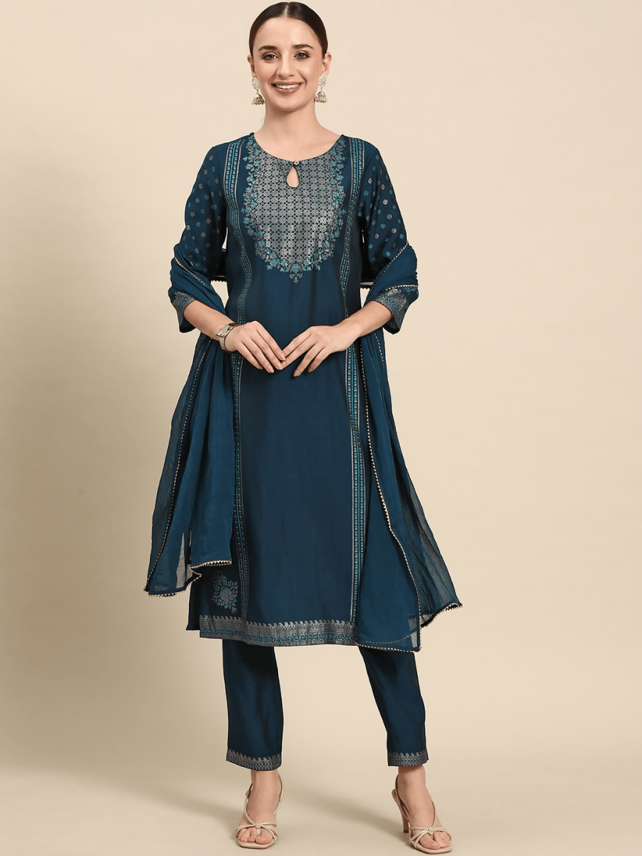 Anouk Ethnic Motifs Foil Printed Regular Kurta with Trousers & Dupatta - Distacart