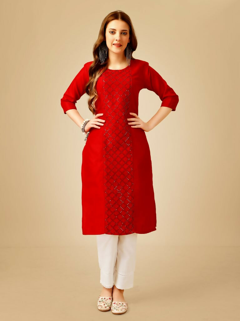 Jyoti Fashion Women's Red Cotton Blend Embroidered Kurta Pant Set - Distacart