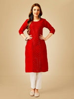 Thumbnail for Jyoti Fashion Women's Red Cotton Blend Embroidered Kurta Pant Set - Distacart